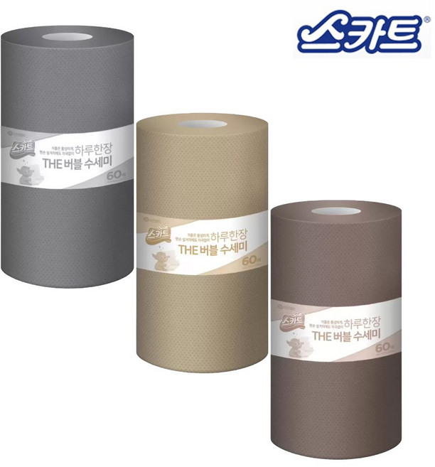 일회용수세미 하루한장 수세미 1롤 60매, 렌덤(3가지색상), 3개, 60개입