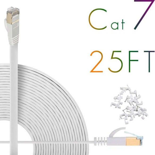 Cat7 이더넷 케이블 150ft STP Flat High Speed Shielded 솔리드 컴퓨터 네트워크 코드 Snagless Rj45 커넥터 포함 슬림 내구성 인터넷 모뎀, 25ft / White, 1개