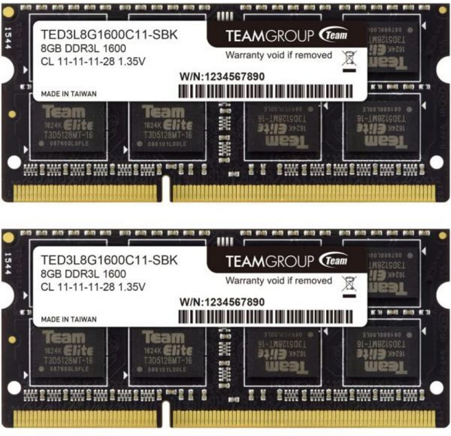팀그룹 엘리트 DDR3L 16GB 키트 (2 x 8GB) 1600MHz PC3-12800 CL11 언버퍼드 논-ECC 1.35V SODIMM 204핀 노트북 컴퓨터 메모리 모듈, 1600MHz -16GB Kit (2x8GB)