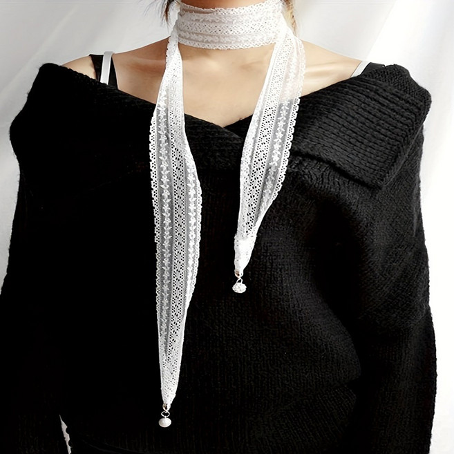 여리무드 레이스 진주 스트링 매듭 여성 여름 패션 코디 시스루 스카프 가을 타이 롱 초커 목걸이 악세사리 2color