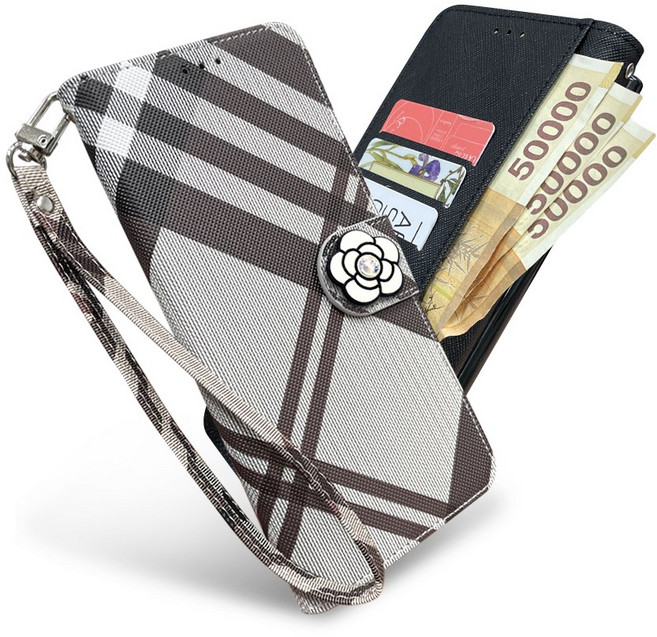 버킨체크 꽃 플라워 장식 지갑형 수첩형 다이어리 휴대폰 케이스 + 손목줄 스트랩