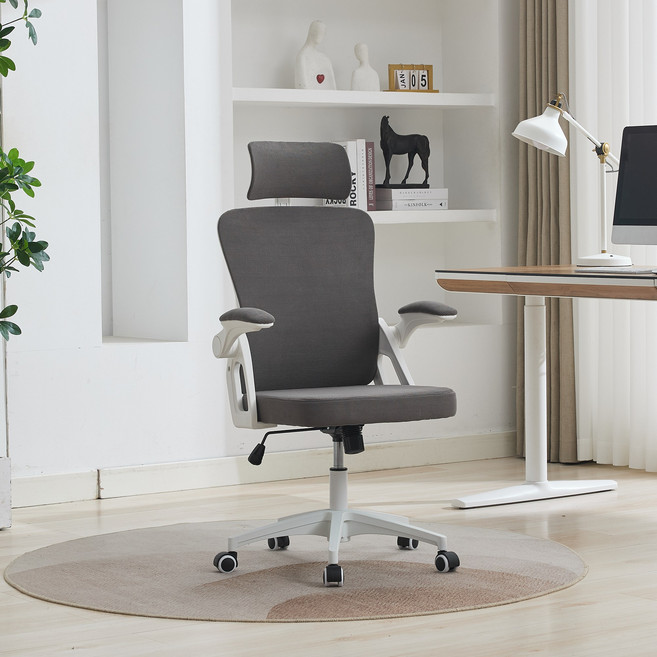 Koaris 고급 메쉬 코듀로이 사무용 의자 헤드레스트+요추받침 조절 가능 컴퓨터 의자, 그레이
