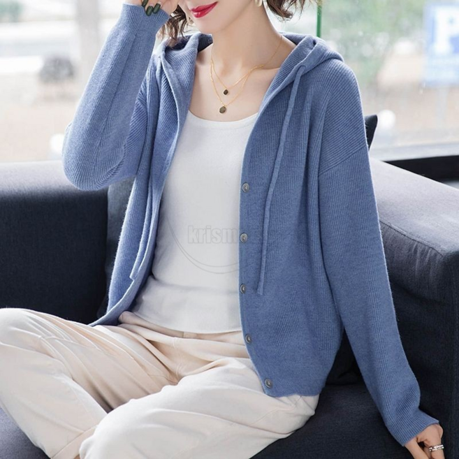 Krismile 여성용 봄 가을 후드 니트 가디건 집업 긴팔 자켓+Krismile