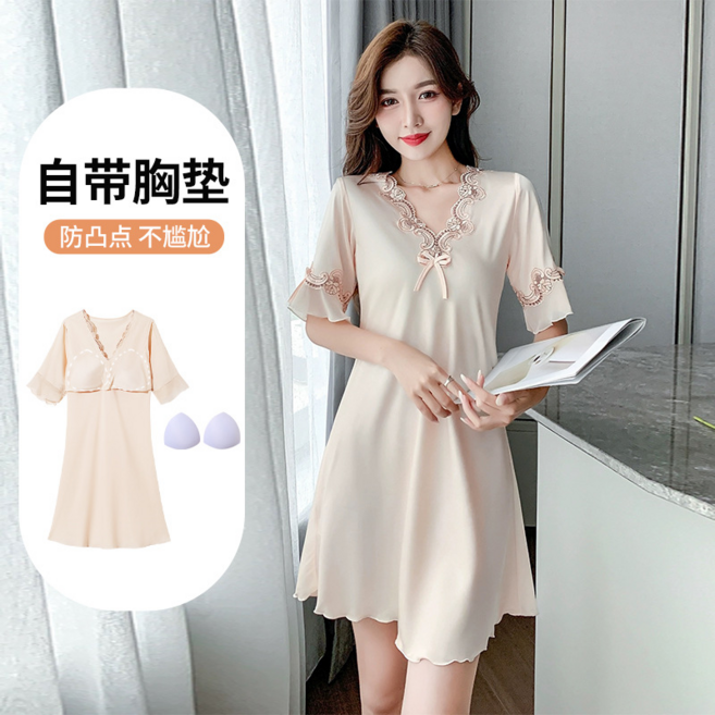 女士V領冰絲蕾絲短袖睡衣睡裙