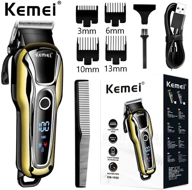 Kemei 전문 머리 깎기 충전식 트리머 남자 전기 커터 기 LCD 무선 수염 KM-1990, 01 1990 Gold box