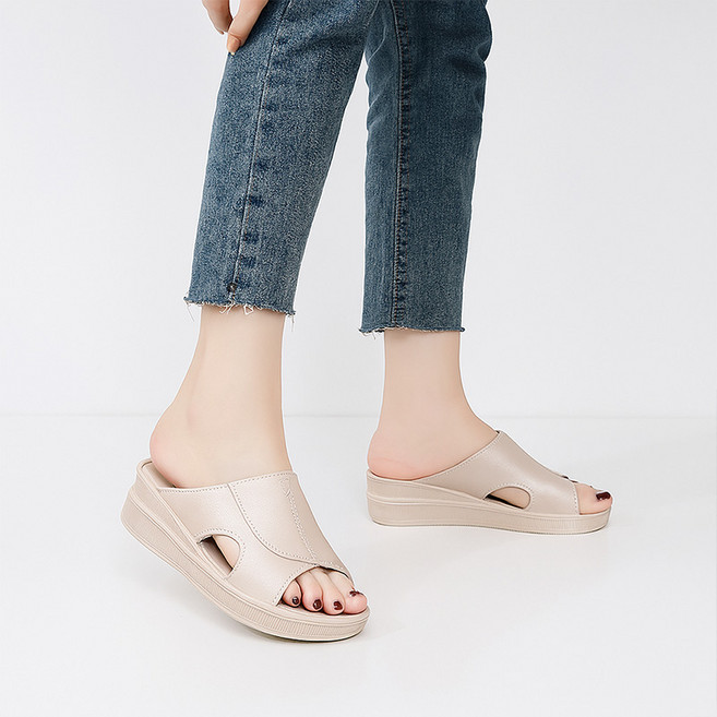 SCOPEEARTH 발편한 엄마 여름 키높이 통굽 웨지 뮬 슬리퍼 5cm