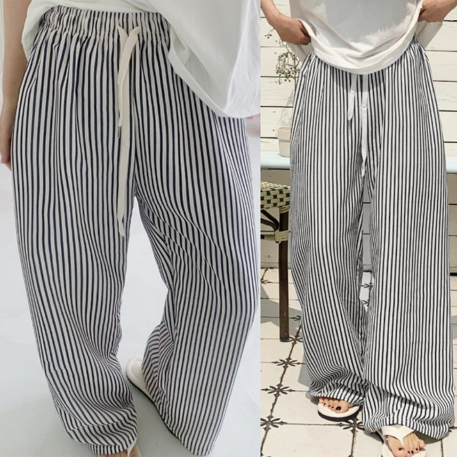 애플망고옷장 1+1 오버핏 여름 남녀공용 시원한 작은줄 스트라이프 일자 통밴딩팬츠 P212 버블 넉넉사이즈바지