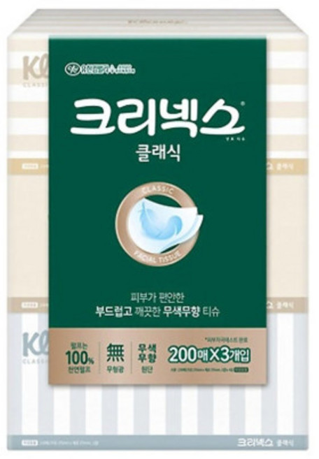 유한킴벌리 크리넥스 미용티슈 콤비 200매 3입 각티슈 곽티슈 뽑아쓰는 휴지, 3개