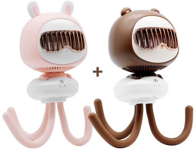 아미토 유모차 선풍기 휴대용 문어발 집게 거치대, 브라운+핑크, YM-F62