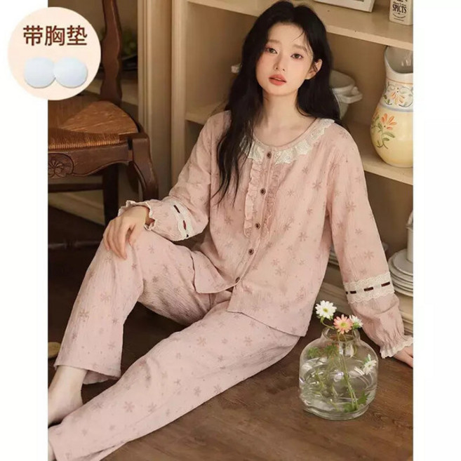 잠옷 상하세트 여성 실내복 팥고물 봄 면 카디건 긴팔 세트 패드 탈부착 불가 admr1