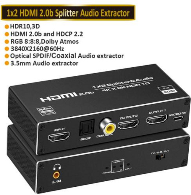 HDMI 앰프 스위치 HDR HDMI2.0 분배기 PS4 애플 TV XBox PS5 용 2023 베스트 4K HDMI 2.0 분배기 1 in 2 out, ZY-HS20F1_AU Power Plug, [04] ZY-HS20F1