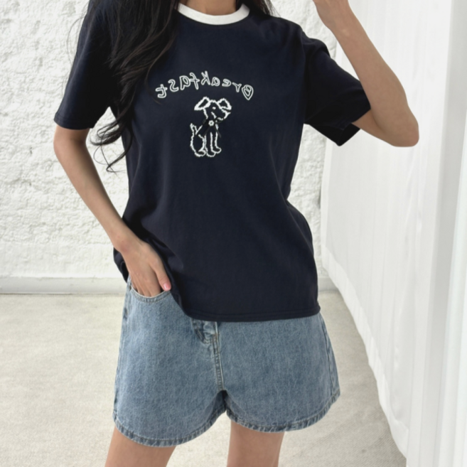 바이일이오 여성 강아지 프린팅 배색 진주 리본 반팔 티셔츠