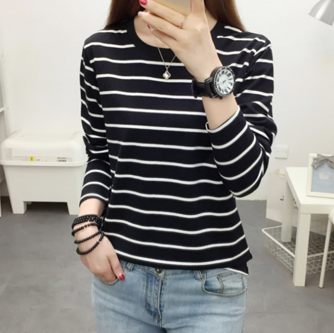 여성 스트라이프 라운드 티셔츠