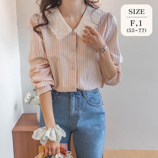 리린 LABEL 로베나 레이스카라 스트라이프 블라우스 2848216