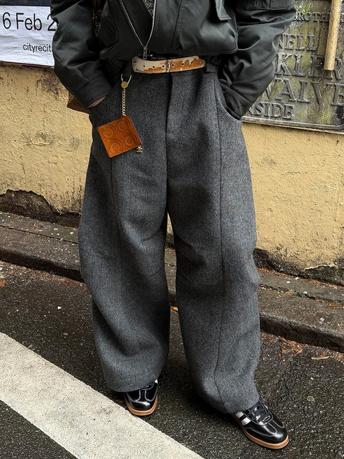 【美式復古高級感】毛呢西褲 闊腿褲 直筒褲 西裝褲 休閒褲 秋冬加厚 寬鬆百搭 彎刀剪裁 男女同款 通勤日常