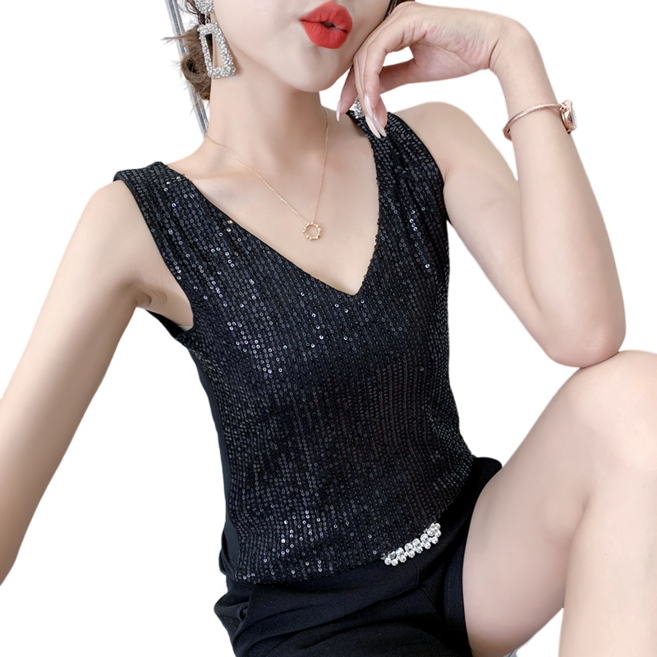 여성용 브이넥 스팽글 망사 나시 민소매 티셔츠 뉴타임즈NO82 Women's T-shirt