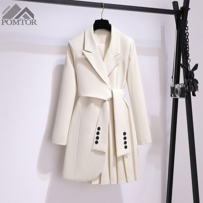 POMTOR 여성 봄가을 면접 고급 하객룩 정장 스커트 긴팔 원피스