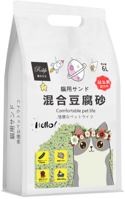 Rolife貓砂 夾鏈袋包裝 可沖馬桶 植物貓砂 膨潤土 貓沙6L, 1個, 豆腐混和砂-[益生菌混砂綠茶], 2.5kg, 益生菌混砂綠茶