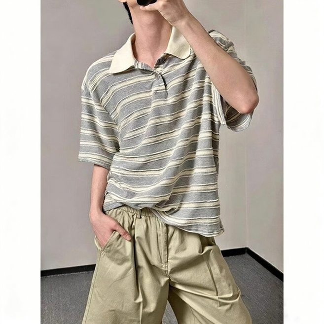 ANYOU 남성 스트라이프 카라 반팔 티셔츠 오버핏 통기성 여름 캐주얼 티셔츠