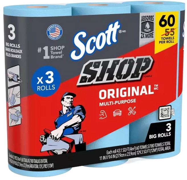 Scott 샵 타월 오리지널TM 58145 블루 빅 롤 3개 1팩 라지 11 x9.4 60장/롤 총, 60개입