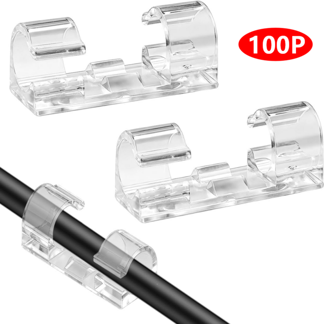 케이블 정리 클립 접착 전선 고정 배선 정리 홀더 책상 차량 멀티탭 정리, 투명, 100개