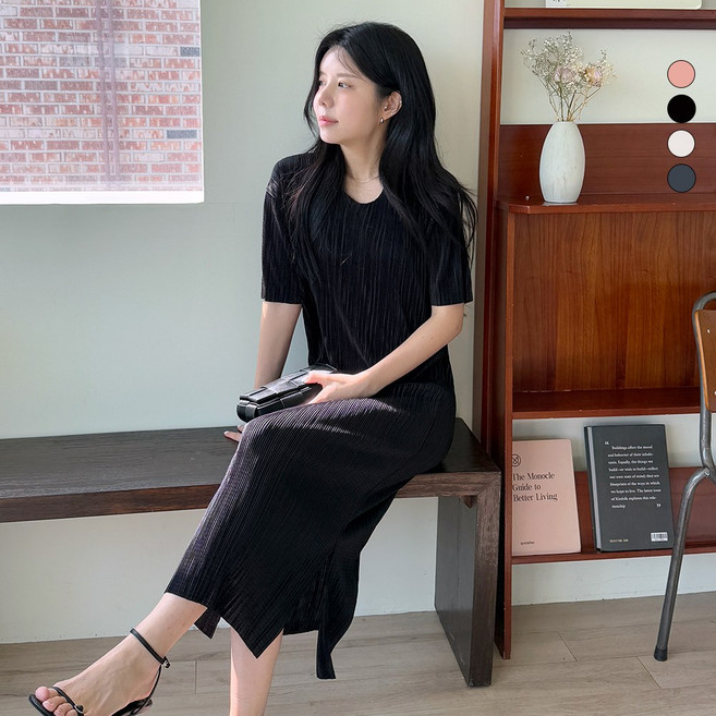 디테일웨어 여성 매직 주름 롱원피스 브이넥 플리츠 주름 편한원피스 임부복 신축성 좋은 반팔원피스 시원한 여름원피스