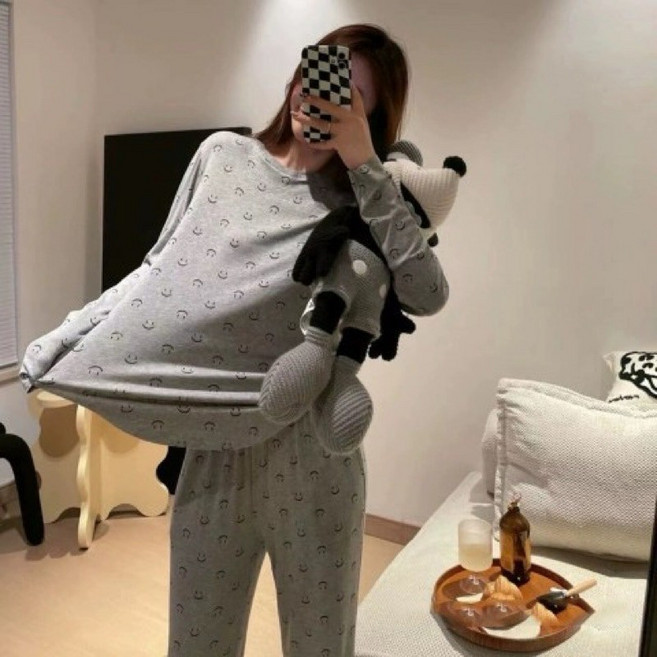 韓版笑臉印花長袖睡衣兩件套裝 舒適家居服