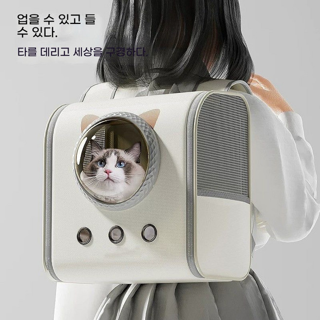 고양이 강아지 백팩 대용량 이동가방 스트레스 방지 통풍 우주선 디자인 외출용 펫 캐리어, 1개, 흰색