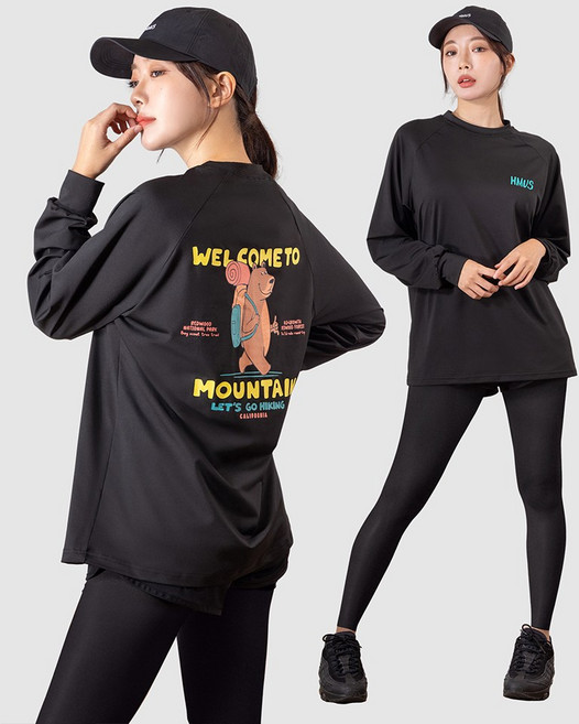 여자 루즈핏 래쉬가드 상의 + 반바지 레깅스 하의 수영복 비치웨어 세트