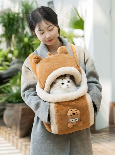 푸르픽 강아지 가을 겨울 포대기 백팩 앞가방 이동가방 털 밍크 산책 슬링백, 1개, 갈색