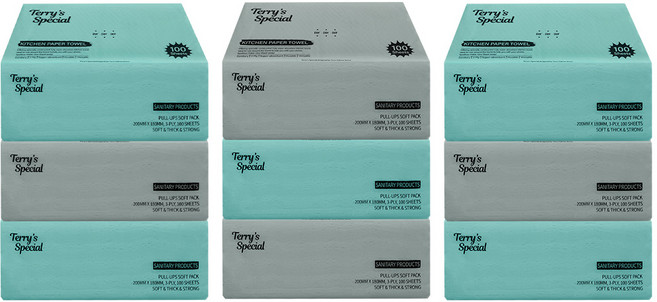 테리파머 뽑아쓰는 키친타올 3겹 총900매 100매X9팩X1박스 무형광 천연펄프 (피스타치오&그레이) 키친타월 주방용품 생활용품 화장지 휴지 주방 물티슈 각티슈 두루마리 핸드타올, 100매, 9개