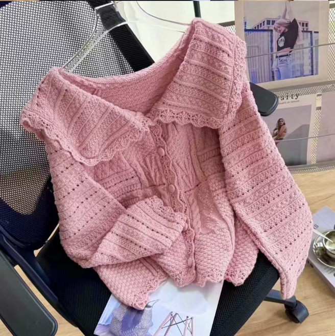 체인지쉬(change she) 여성 프렌치 스타일 헨리넥 소프트 펀칭 니트 가디건