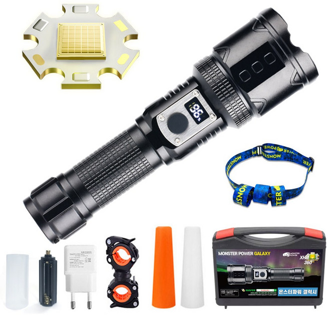 몬스터 파워 갤럭시 XHP360 LED 후레쉬 줌 충전식 써치라이트, 1개, 블랙