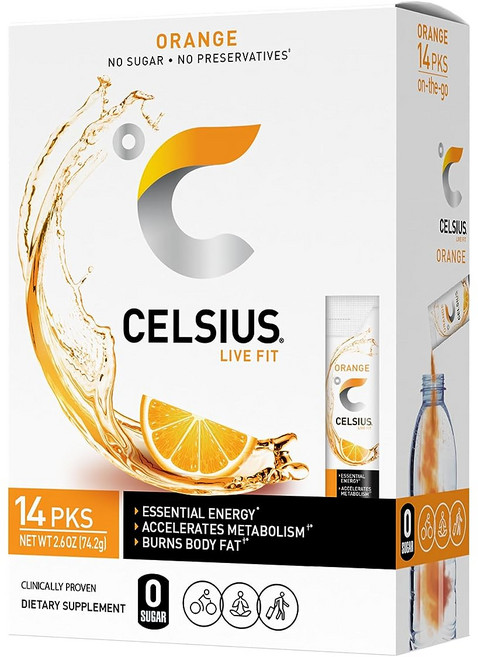 [1/2/3/4/5/6박스 택1] Celsius 셀시어스 온더고 오렌지맛 무설탕 분말 14스틱 /박스, 74.2g, 5개