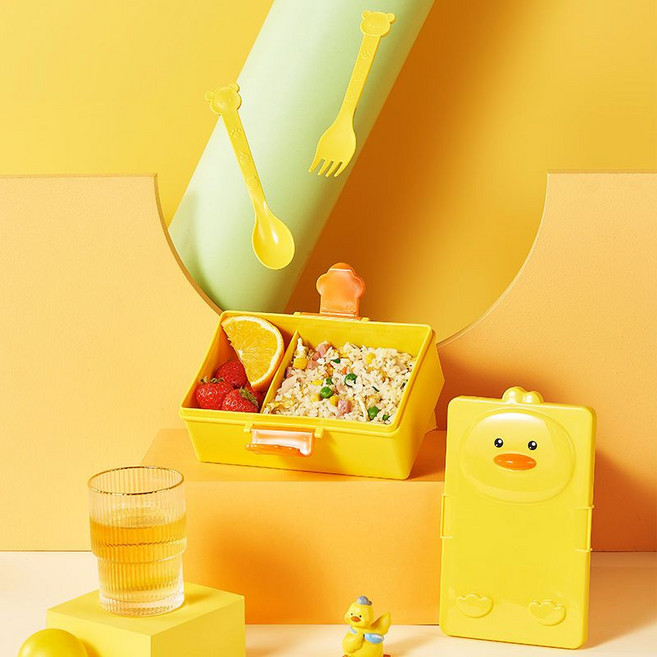 도시락 직장인 도시락 지참캐릭터 포함 귀여운 전자레인지 도시락 분리 가열식 아침식사 케이스, 러버덕/1개입/포크스푼배달, 하나, 1개