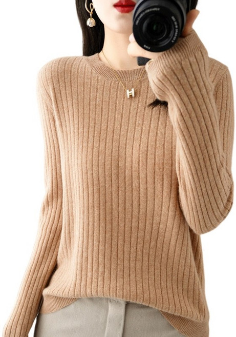 여성용 베이직 골지 라운드넥 니트 긴팔티 부드러운 간절기 데일리룩 티셔츠 Knitted T-shirt GH2217