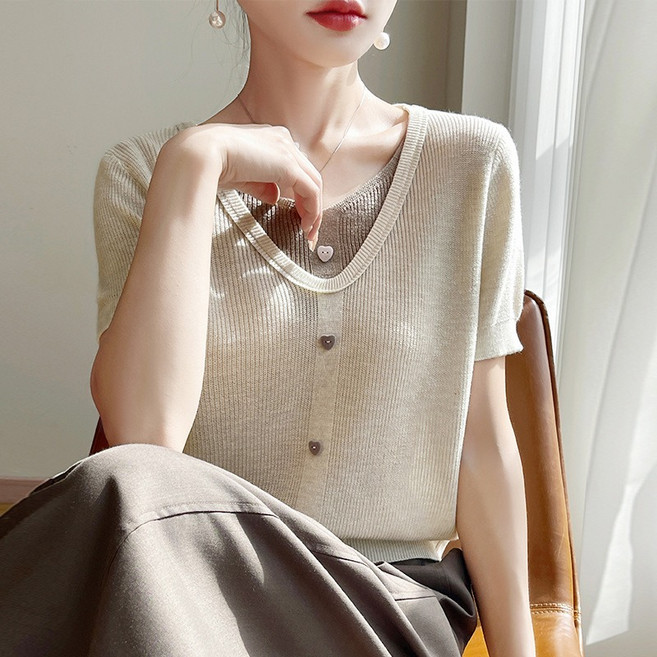 여성 가짜 투피스 니트티셔츠 브이넥 반팔티셔츠 여름 캐쥬얼 골지니트 반팔티 여자니트탑 소프트 프리미엄 캐시미어-MEFUN
