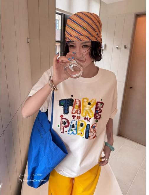 彩色字母印花T恤 美式寬鬆短袖上衣, 白(01)