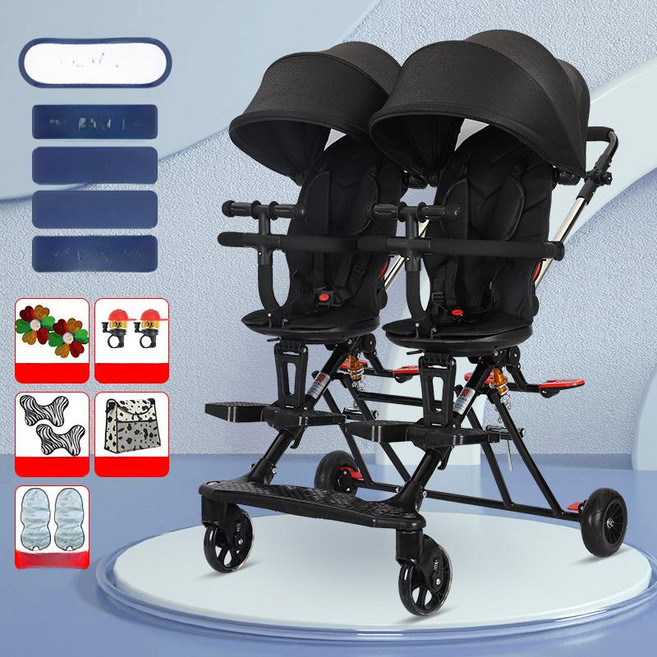 쌍둥이 트라이크 2인 휴대용 유모카 폴딩 접이식 검정/일반휠/네이키드, 클래식 블랙+대형 오프로드