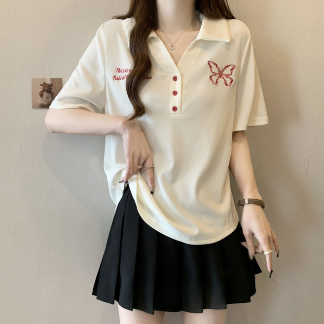 플러스사이즈 나비 자수 폴로 셔츠 여성용 2025 여름 신상품 루즈핏 슬림핏 반팔 티셔츠 인스타패션