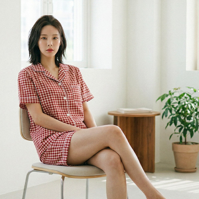 심플 메리 체크 반팔 파자마 홈웨어 세트 (4color)