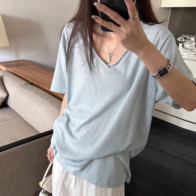 소소온 린넨 텐셀 브이넥 오버핏 반팔티셔츠 여름 루즈핏 기본 데일리 4color