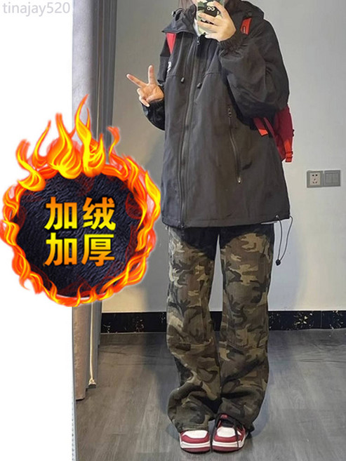 迷彩工裝褲女新款2024高腰大碼寬鬆顯瘦闊腿牛仔褲