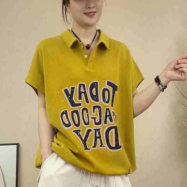 ROYALBELLE 여성 코튼 카라넥 레터링 프린트 캐주얼 트레이닝 반팔 티셔츠 K0030823