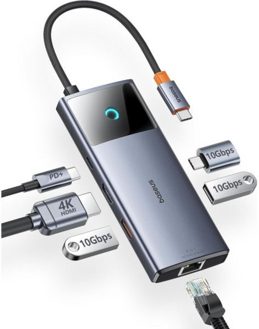 Baseus 베이수스 스페이스메이트MAC 도킹 스테이션 USB C 3개 모니터용 4K HDMI 10Gbps 포트 100W PD 기가비트 이더넷 오디오 맥북 및 윈도우 노트북용, 6 in 1