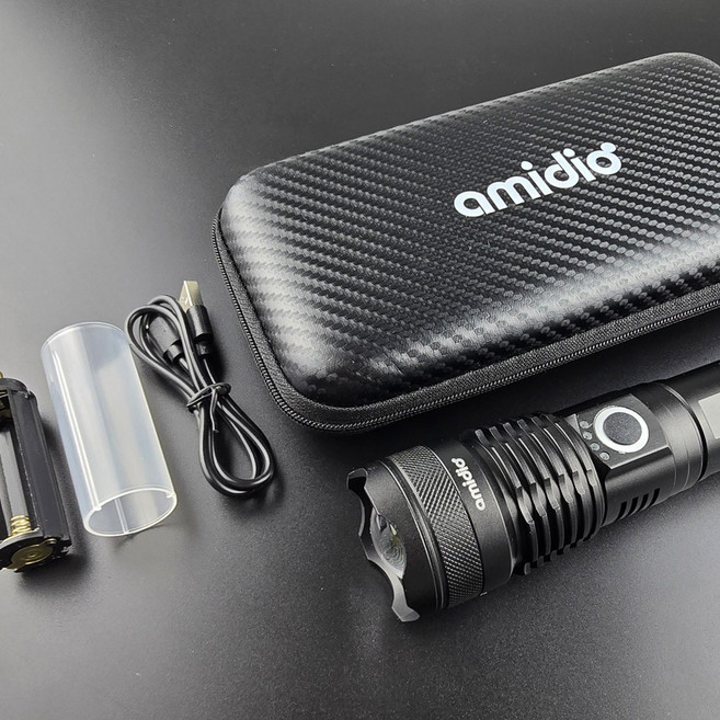 아미디오 충전식 LED 손전등 FS-151(2000mAh 배터리 포함) 고휘도 후레쉬 손전등, 블랙, 1개