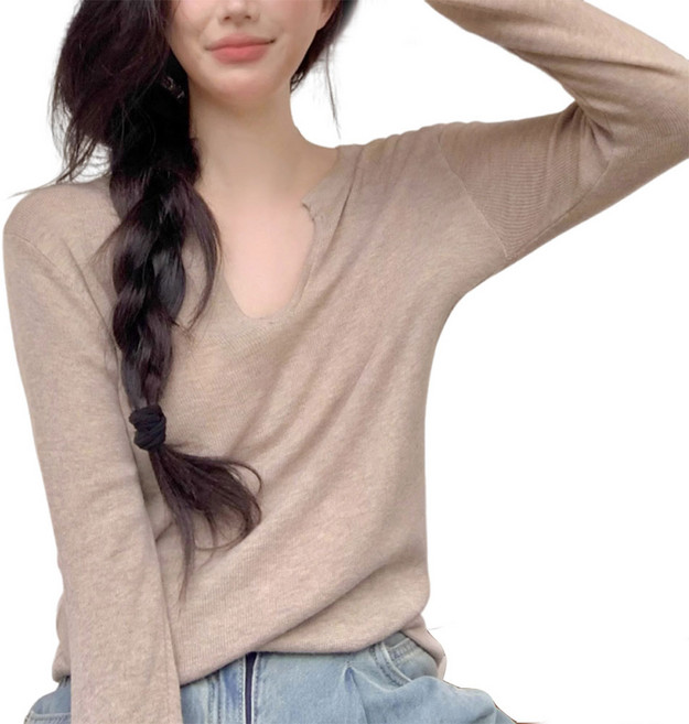 여성 긴팔 니트 무지 작은 브이넥 얇은 이너 니트 티셔츠 H45415