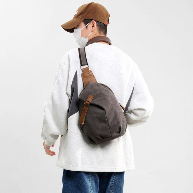 休閒帆布斜背單肩胸包 男用復古潮流, 灰色