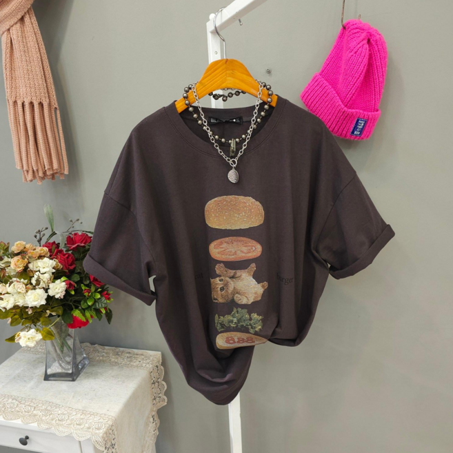 여성용 캣버거 오버핏 라운드넥 면 반팔 티셔츠