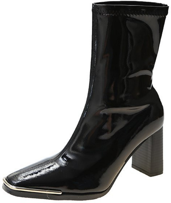 여성 봄과 가을 짧은 부츠 패션 겨울 특허 가죽 스퀘어 헤드 높은 부츠 기사 부츠 여성 청키 힐 하이힐 가을 및 겨울 벨벳 7CM 부츠 KHRJS09J